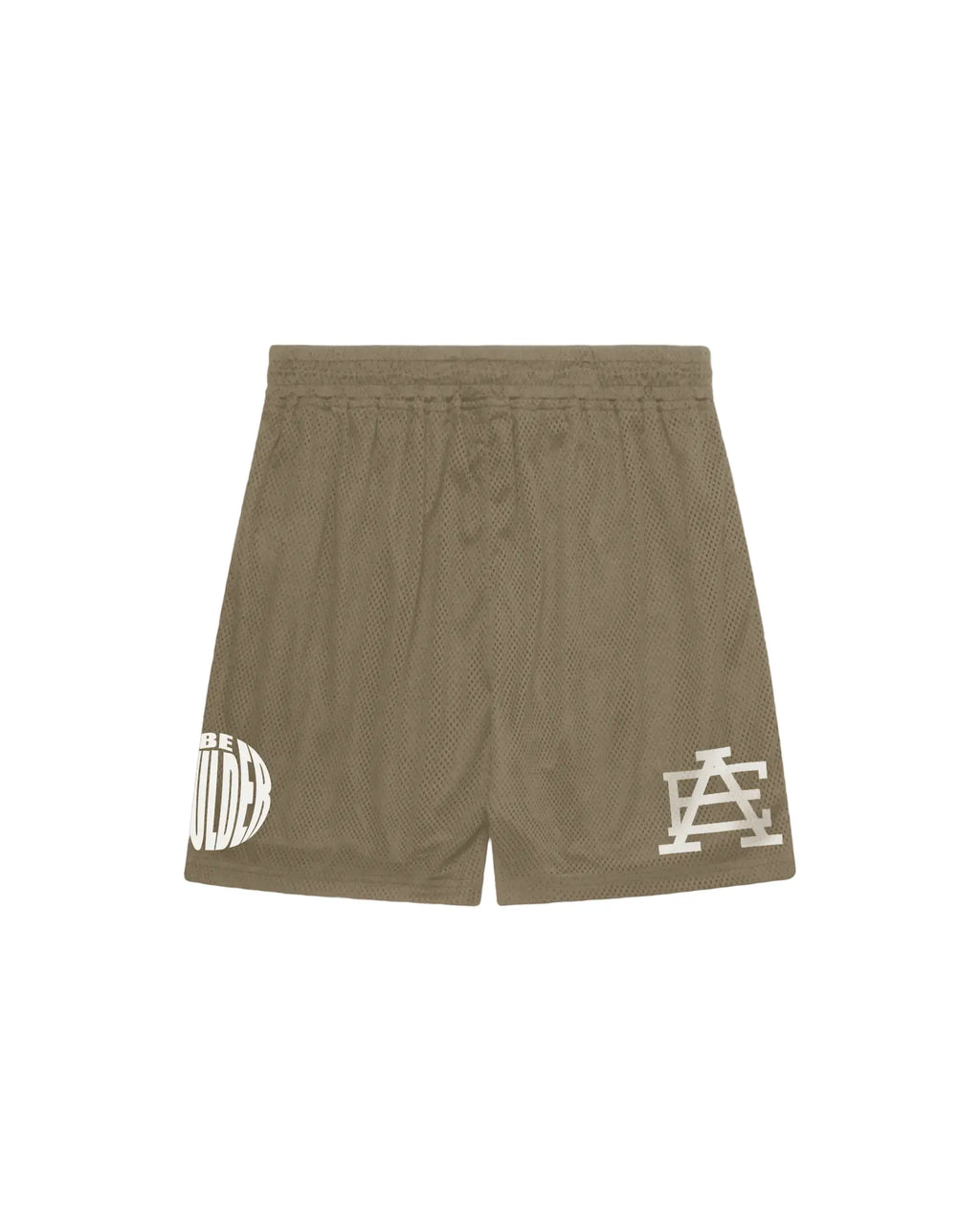 Brown shorts with white logos on a beige background