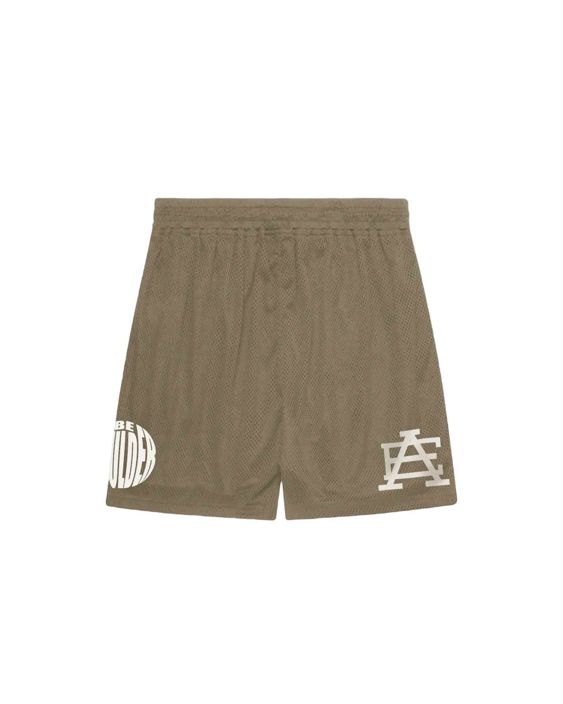 Brown shorts with white logos on a beige background