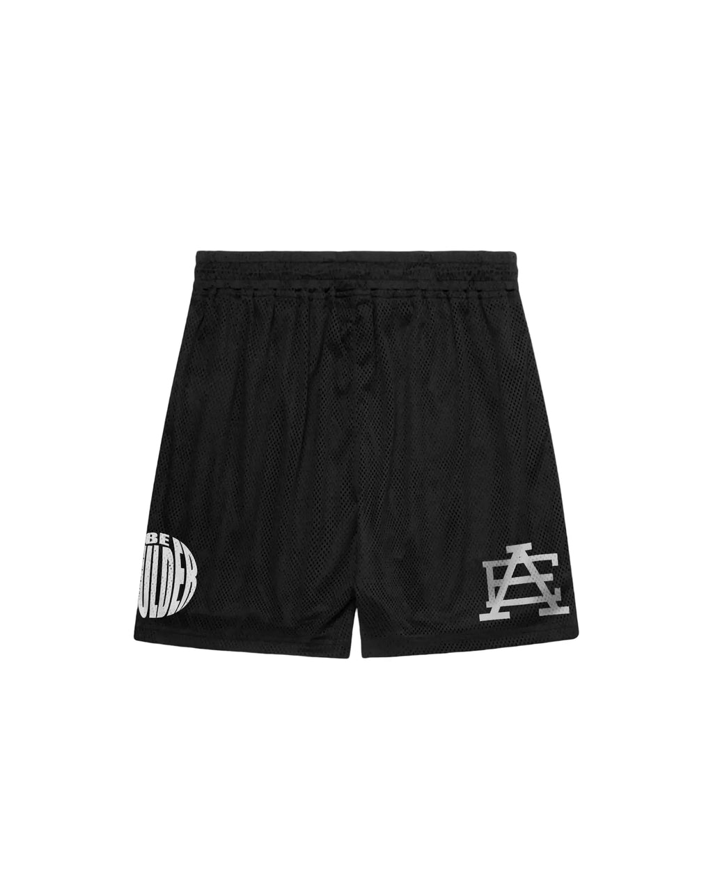 Black shorts with white branding on a gray background