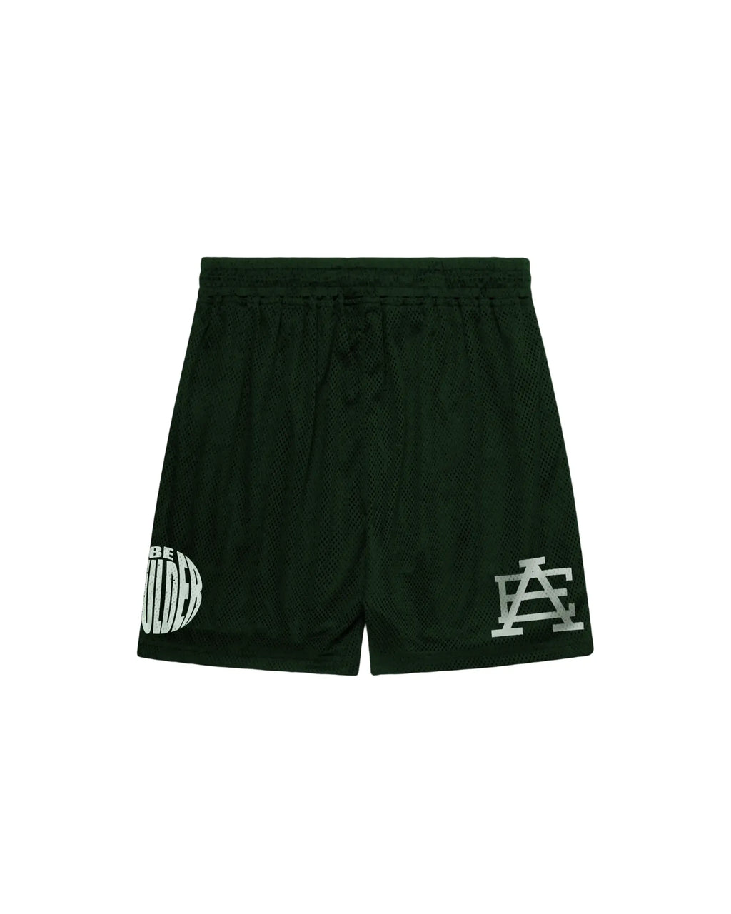 GREEN shorts with white branding on a dark green background