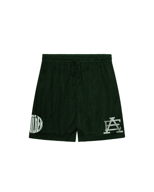 GREEN shorts with white branding on a dark green background